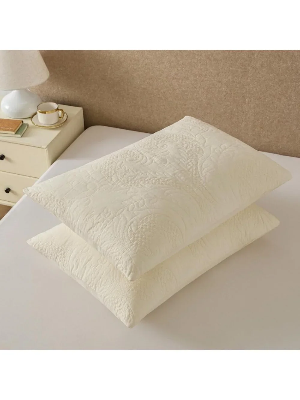 Ivory Damask Quilted Pillow Shams Set of 2 | Embroidered Floral Cotton Cases